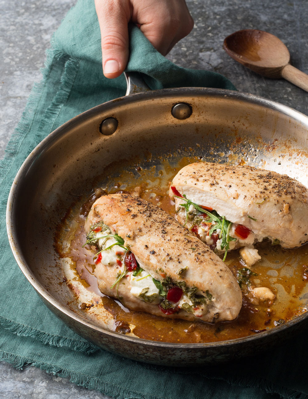 Stuffed Chicken Breast with Pepper Jelly, Arugula and Goat Cheese